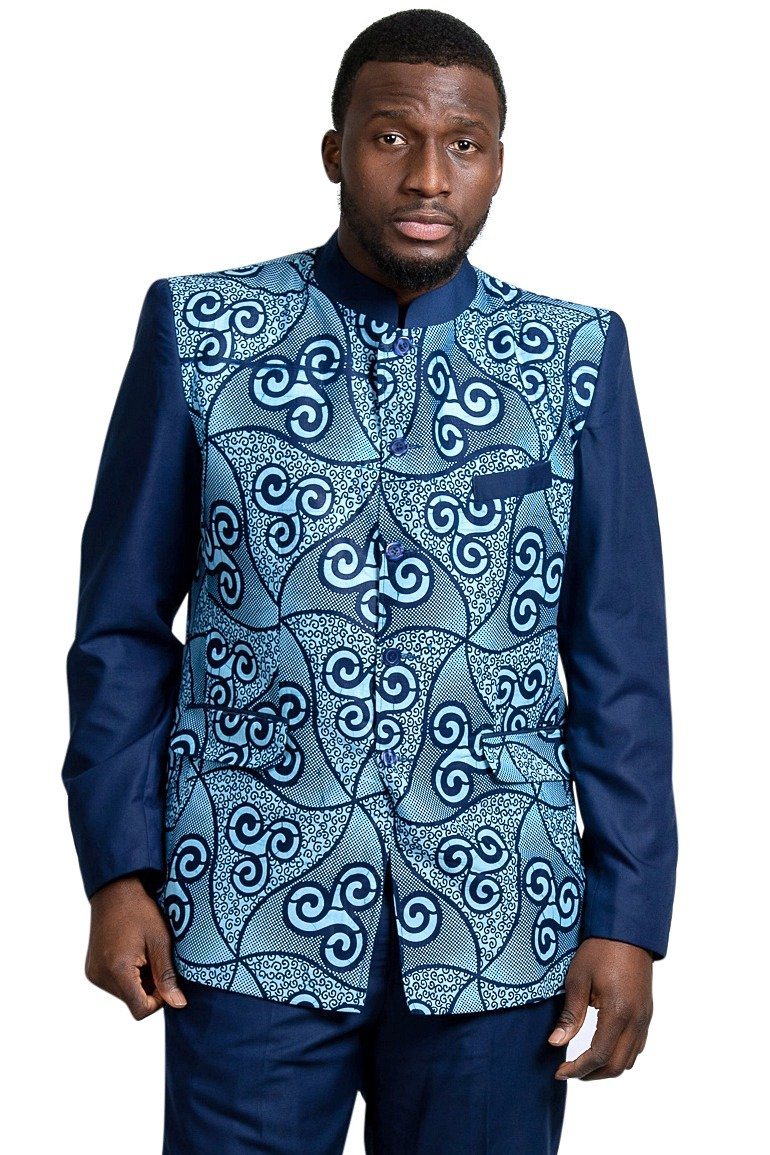 Zain Navy Blue Men's African Print Abacost Blazer (Shirt + Pant) | Afrilege