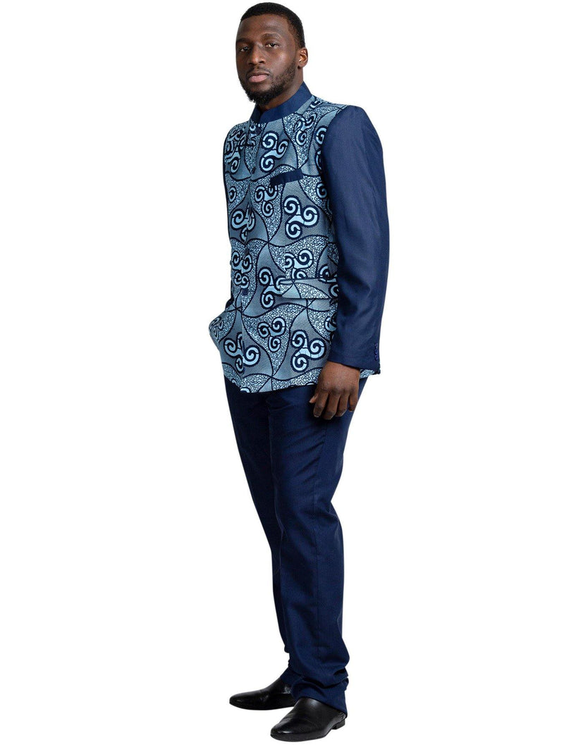 Zain Navy Blue Men's African Print Abacost Blazer ( Shirt + Pant) - Afrilege