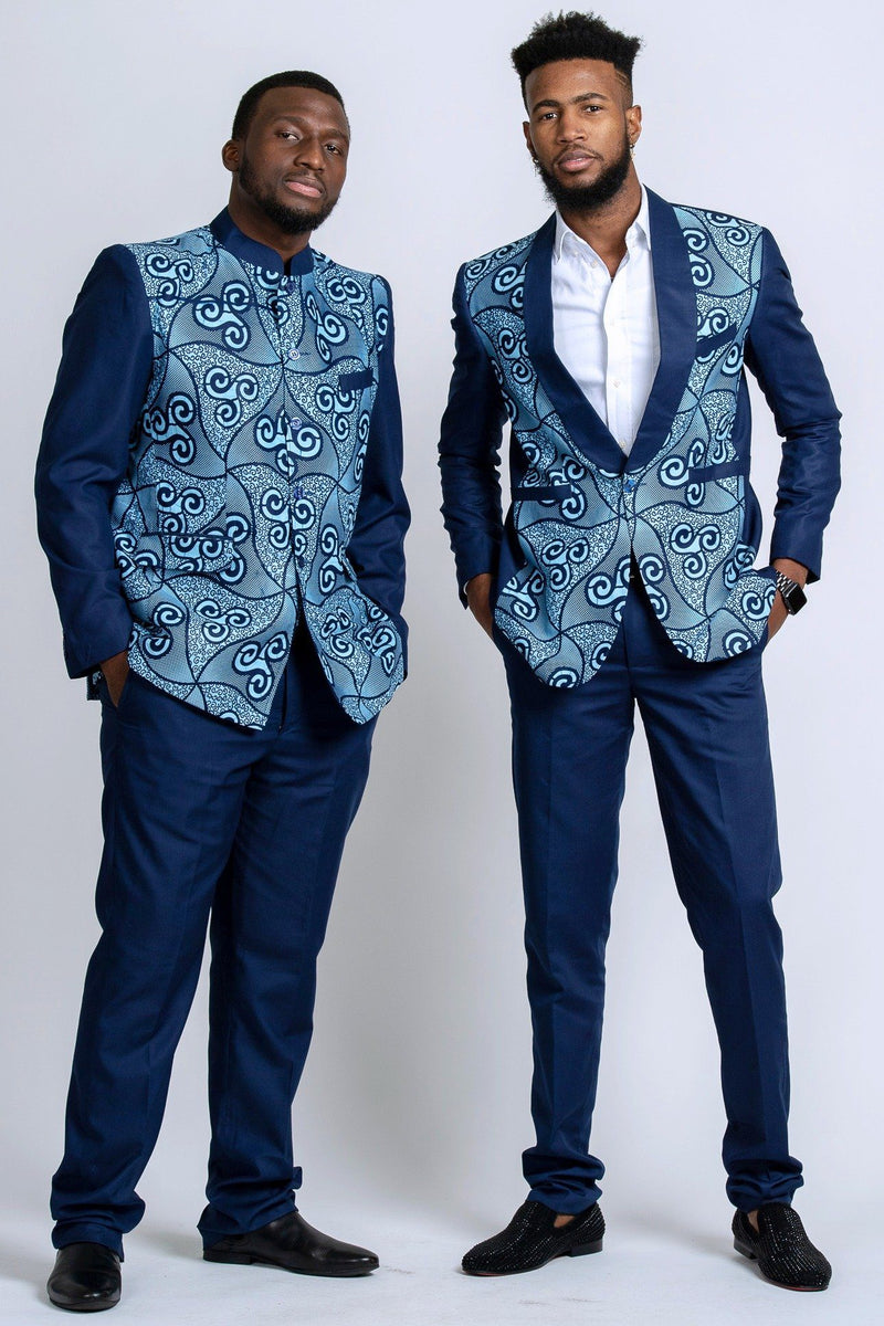 Zain Navy Blue Men's African Print Abacost Blazer ( Shirt + Pant) - Afrilege