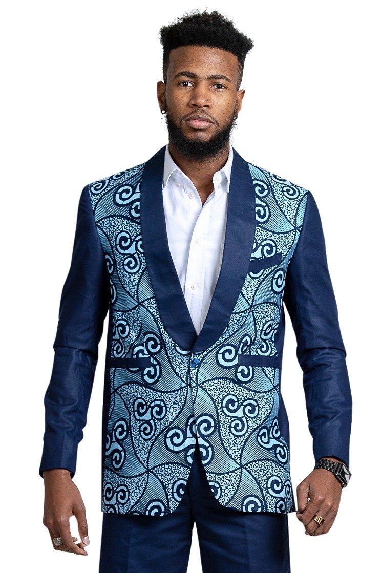 Zain Navy Blue Men's African Print Suit (Blazer + Pant) - Afrilege