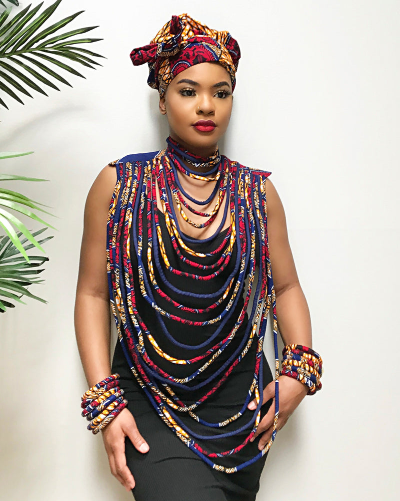 Carlita Blue African Print Multi-Strand Statement necklace - Afrilege
