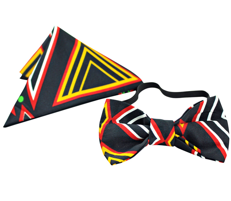 Bamenda Toghu African Print Bow Tie & Square Pocket Set ( Black/ Red/ white) - Afrilege