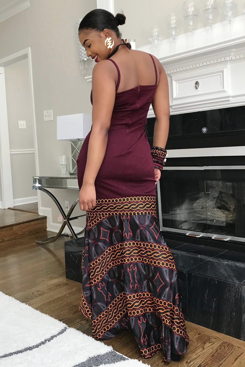 Burgundy Toghu African Print Dress, S