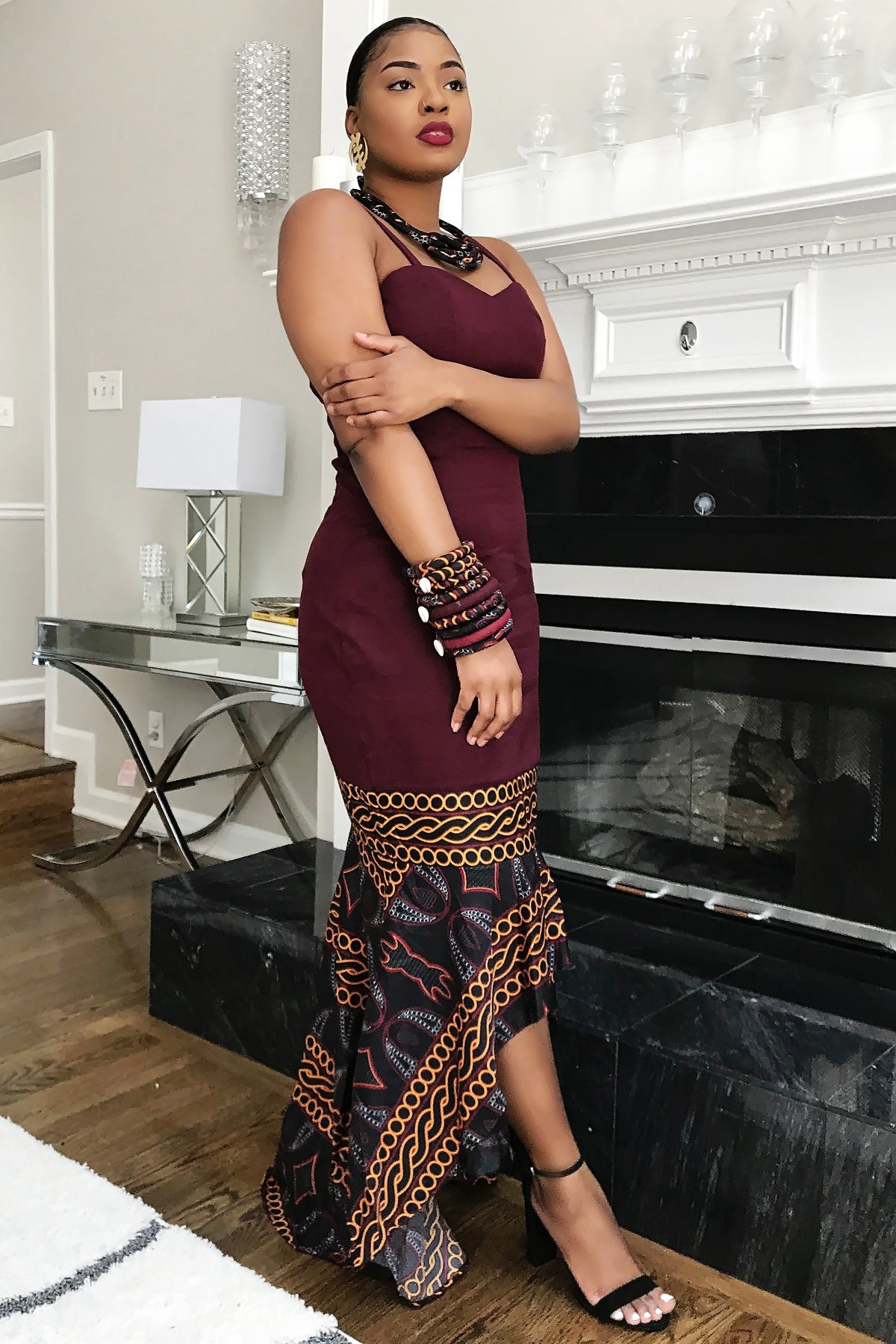 Burgundy Toghu African Print Dress, S