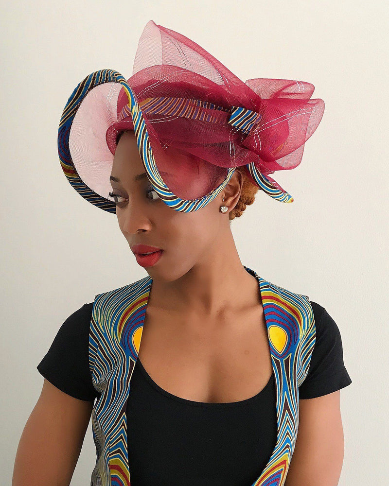 African Print Church hat - Maroon / Peacock - Afrilege