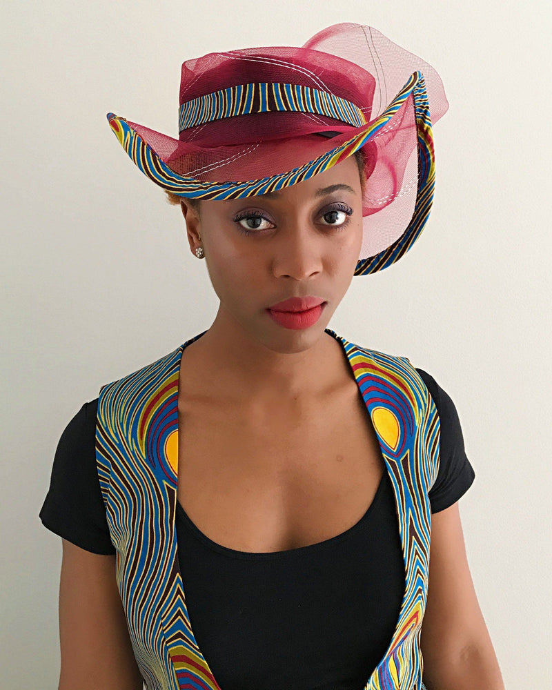 African Print Church hat - Maroon / Peacock - Afrilege