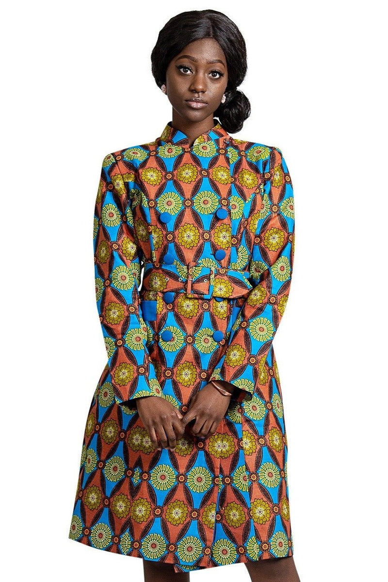 Valda Women African Print Coat ( Blue / Red) - Afrilege