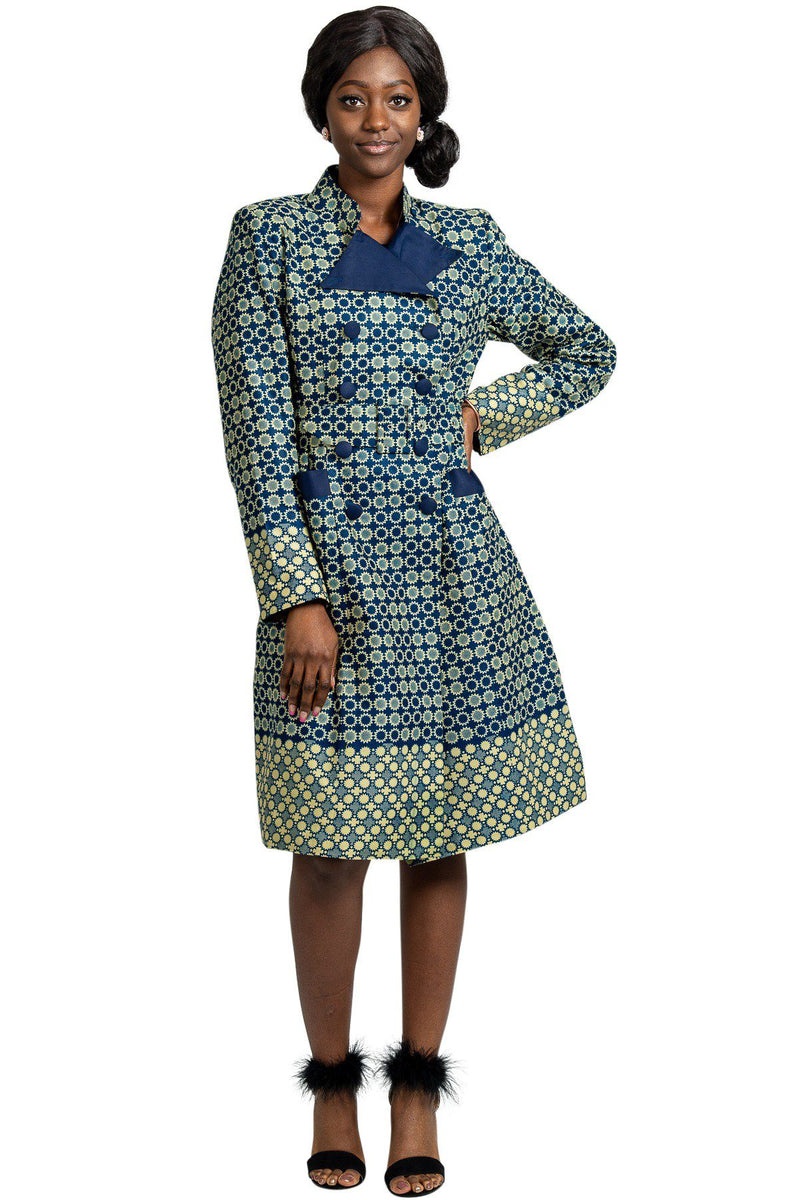 Valencia Women African Print Coat ( Blue / Beige) - Afrilege