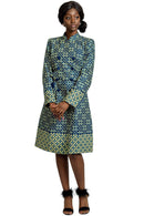 Valencia Women African Print Coat ( Blue / Beige) - Afrilege