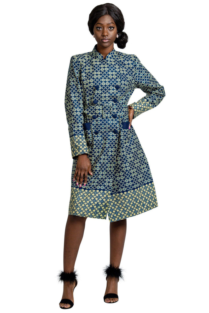 Valencia Women African Print Coat ( Blue / Beige) - Afrilege