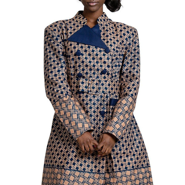 Vanna Women African Print Coat Dress (Navy Blue / Brown)– Afrilege