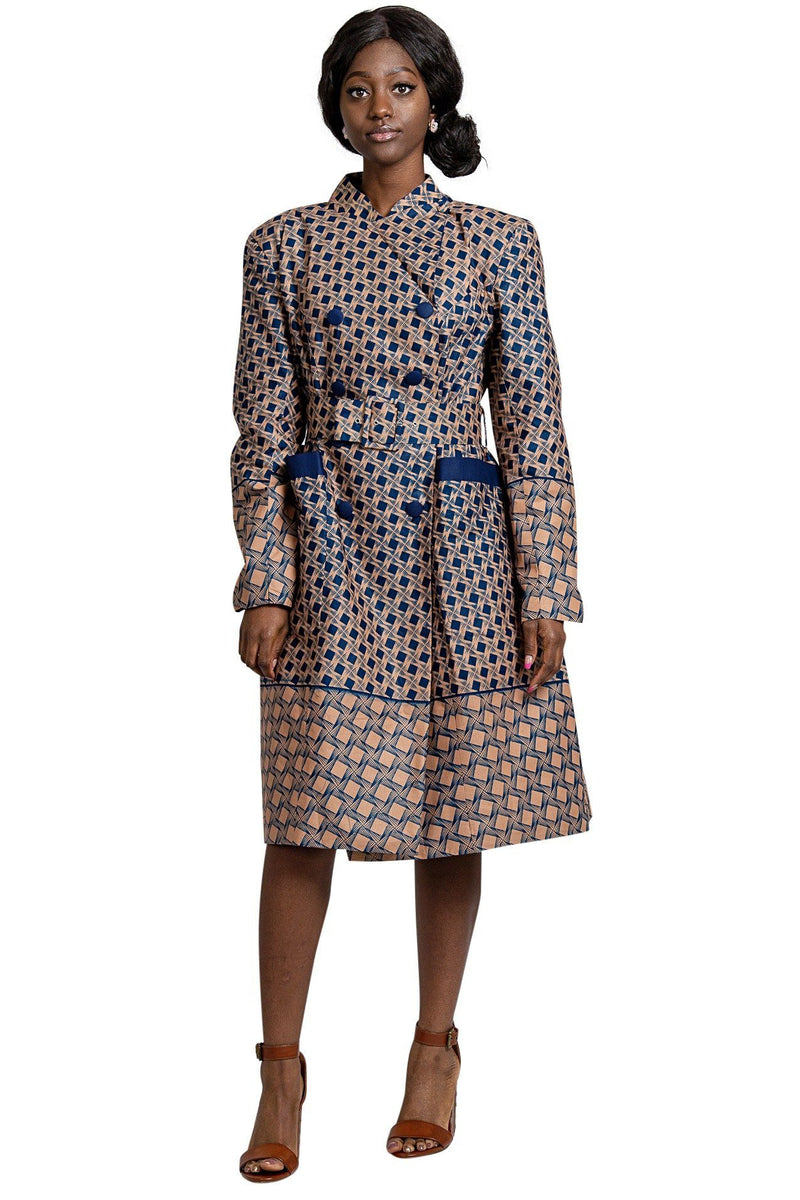 Vanna Women African Print Coat Dress (Navy Blue / Brown), M | Afrilege Vanna Women African Print Coat Dress (Navy Blue / Brown), M | Afrilege