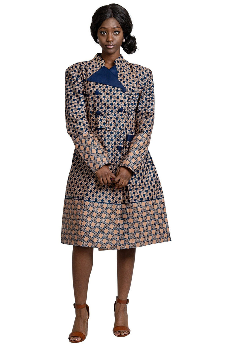 Vanna Women African Print Coat Dress ( Navy Blue / Brown) - Afrilege