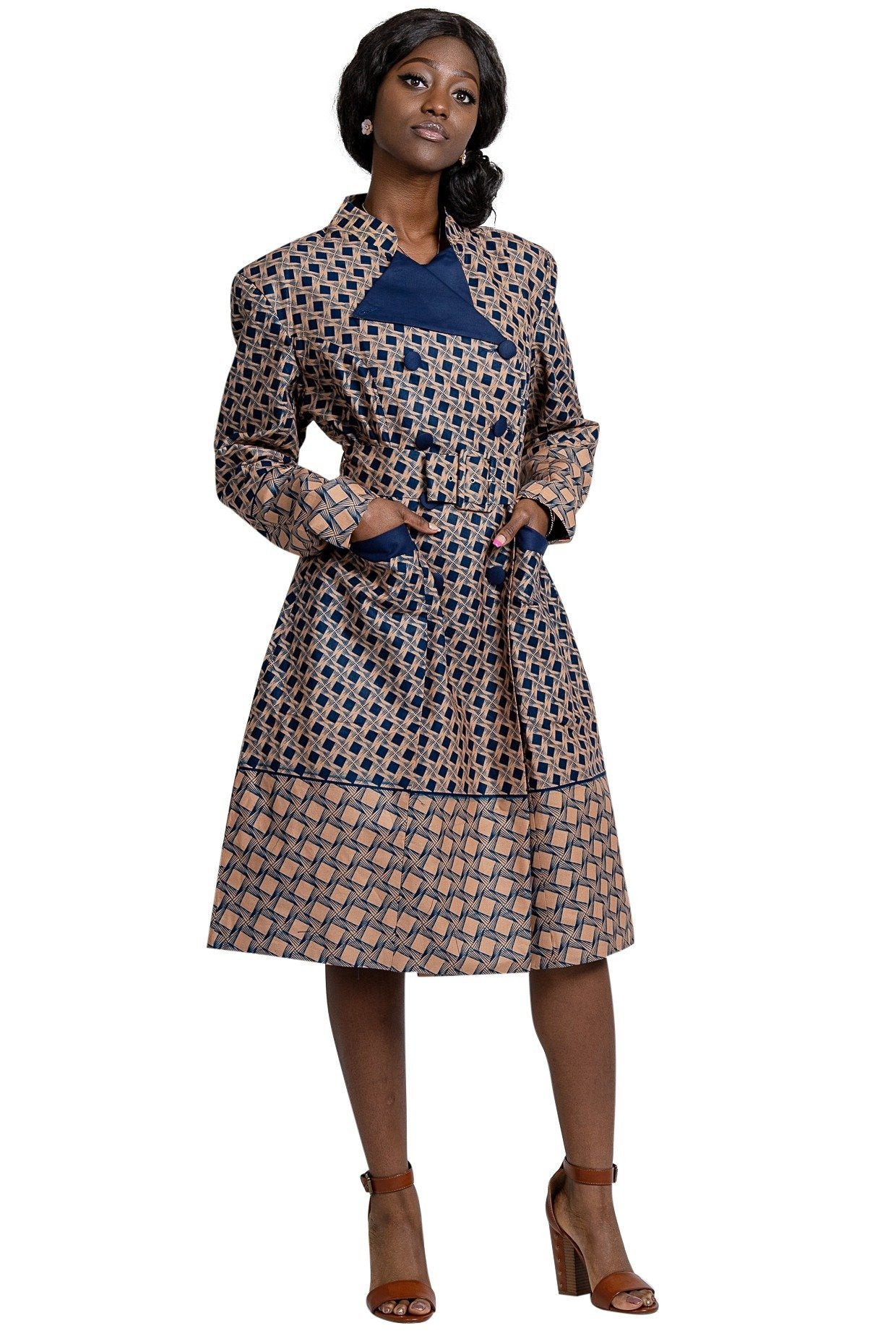 Vanna Women African Print Coat Dress ( Navy Blue / Brown) | Afrilege