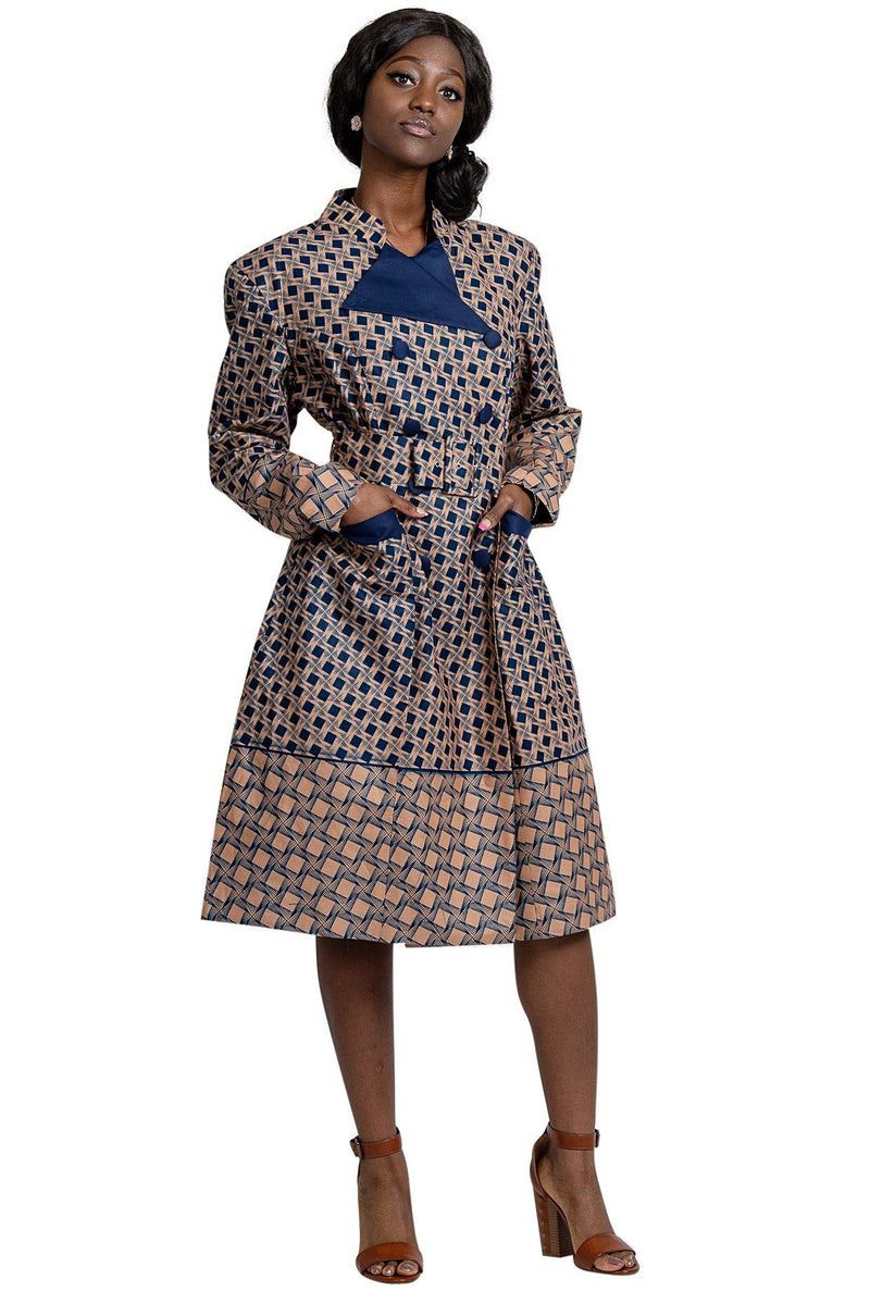 Vanna Women African Print Coat Dress (Navy Blue / Brown), M | Afrilege Vanna Women African Print Coat Dress (Navy Blue / Brown), M | Afrilege
