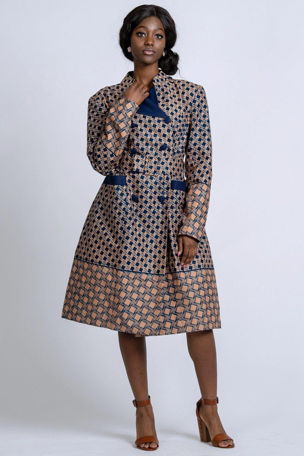 Vanna Women African Print Coat Dress ( Navy Blue / Brown) | Afrilege