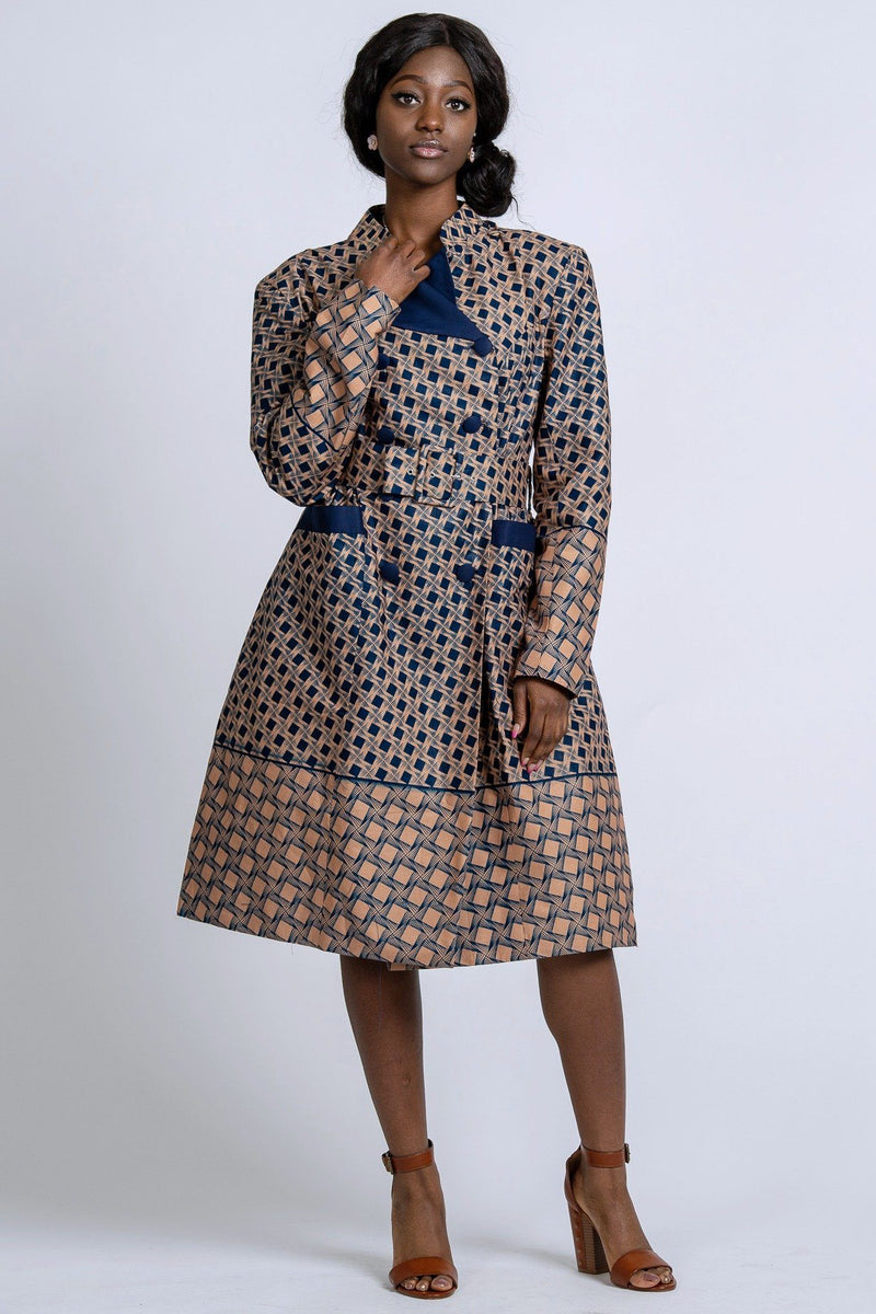 Vanna Women African Print Coat Dress (Navy Blue / Brown), M Vanna Women African Print Coat Dress (Navy Blue / Brown), M