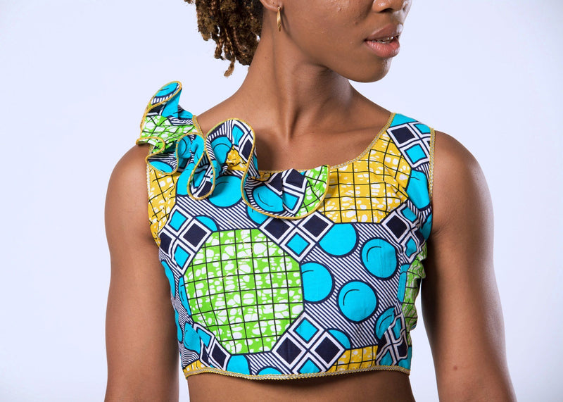 Deli African Print Crop Top - Green / Blue / Yellow - Afrilege