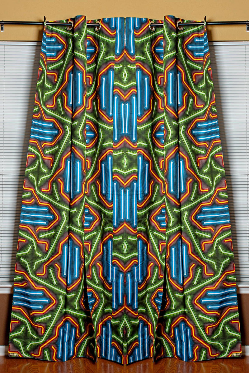Kamaria African Print Double Sided Reversible Grommet Top Curtains- Blue/ Green - Afrilege