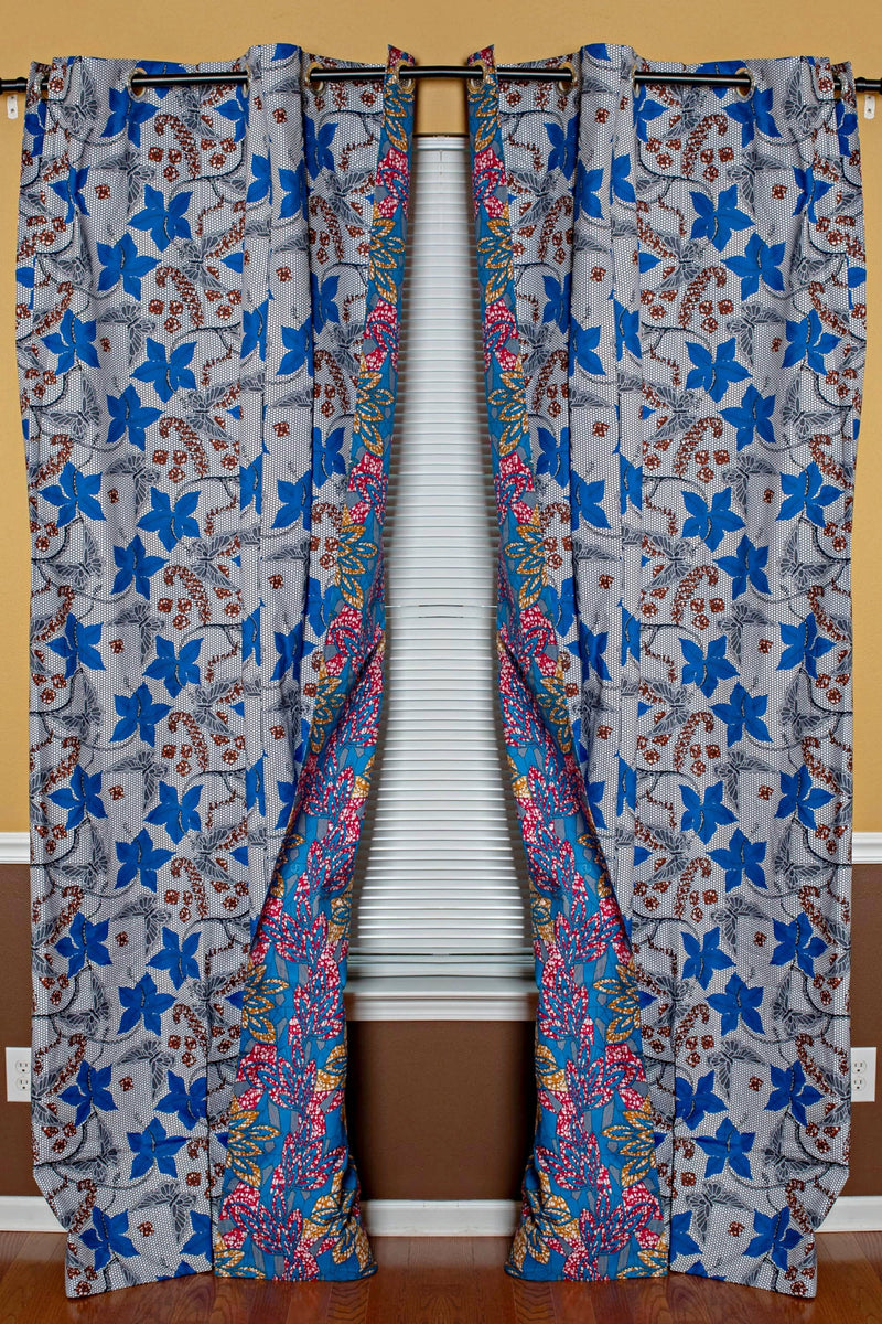 Double Sided Reversible Grommet Top African Print Curtains - Blue/ Pink / Yellow - Afrilege