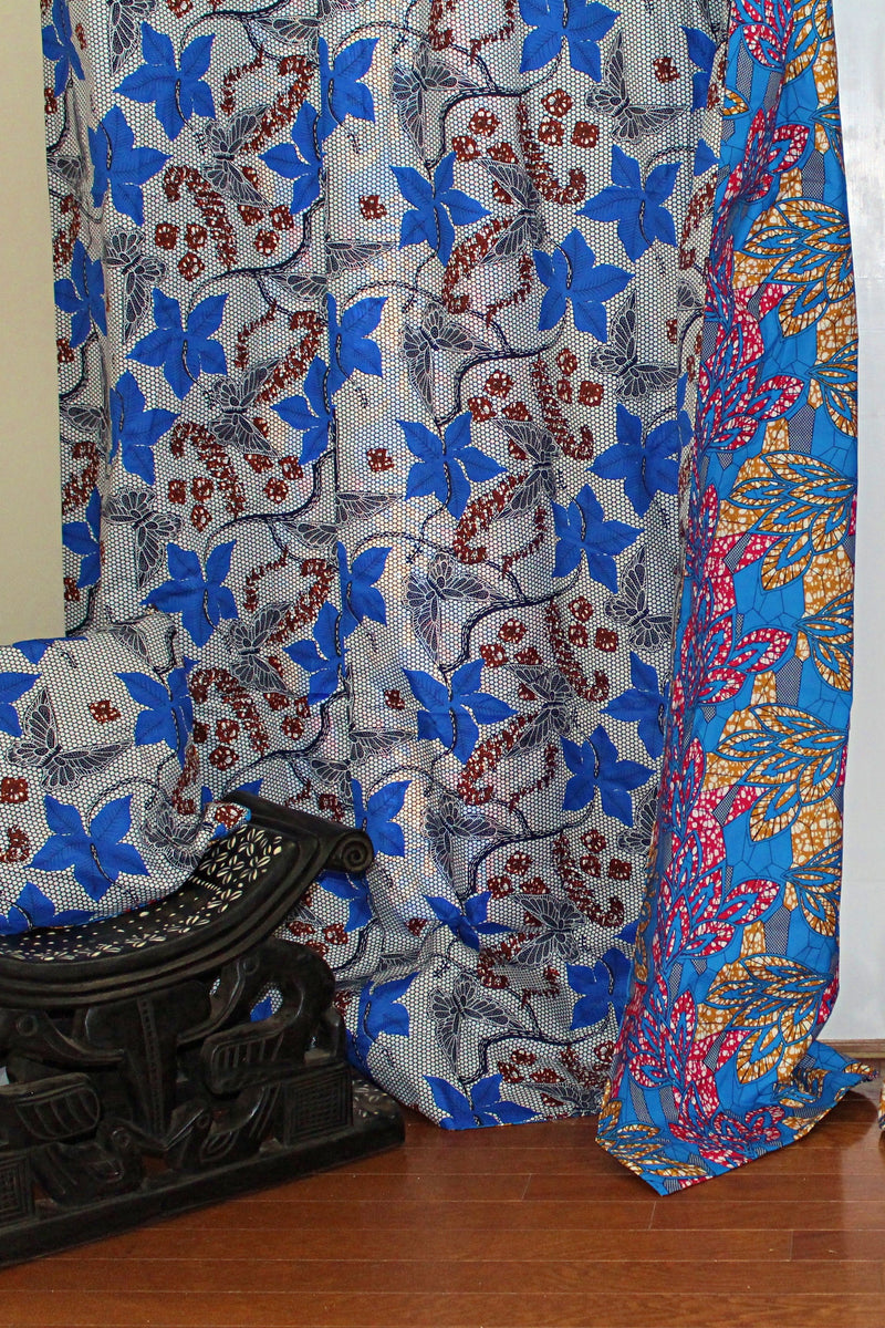 Double Sided Reversible Grommet Top African Print Curtains - Blue/ Pink / Yellow - Afrilege