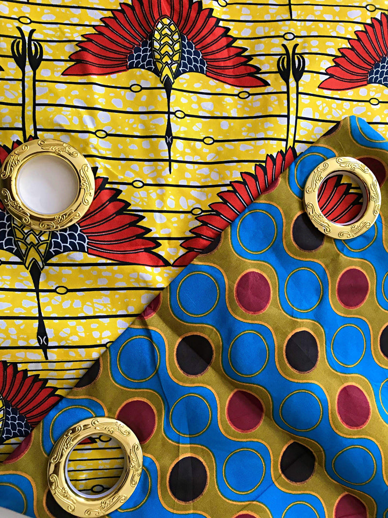 Malaika Double Sided Reversible Grommet Top African Print Curtains - Yellow/ Blue/ Red - Afrilege
