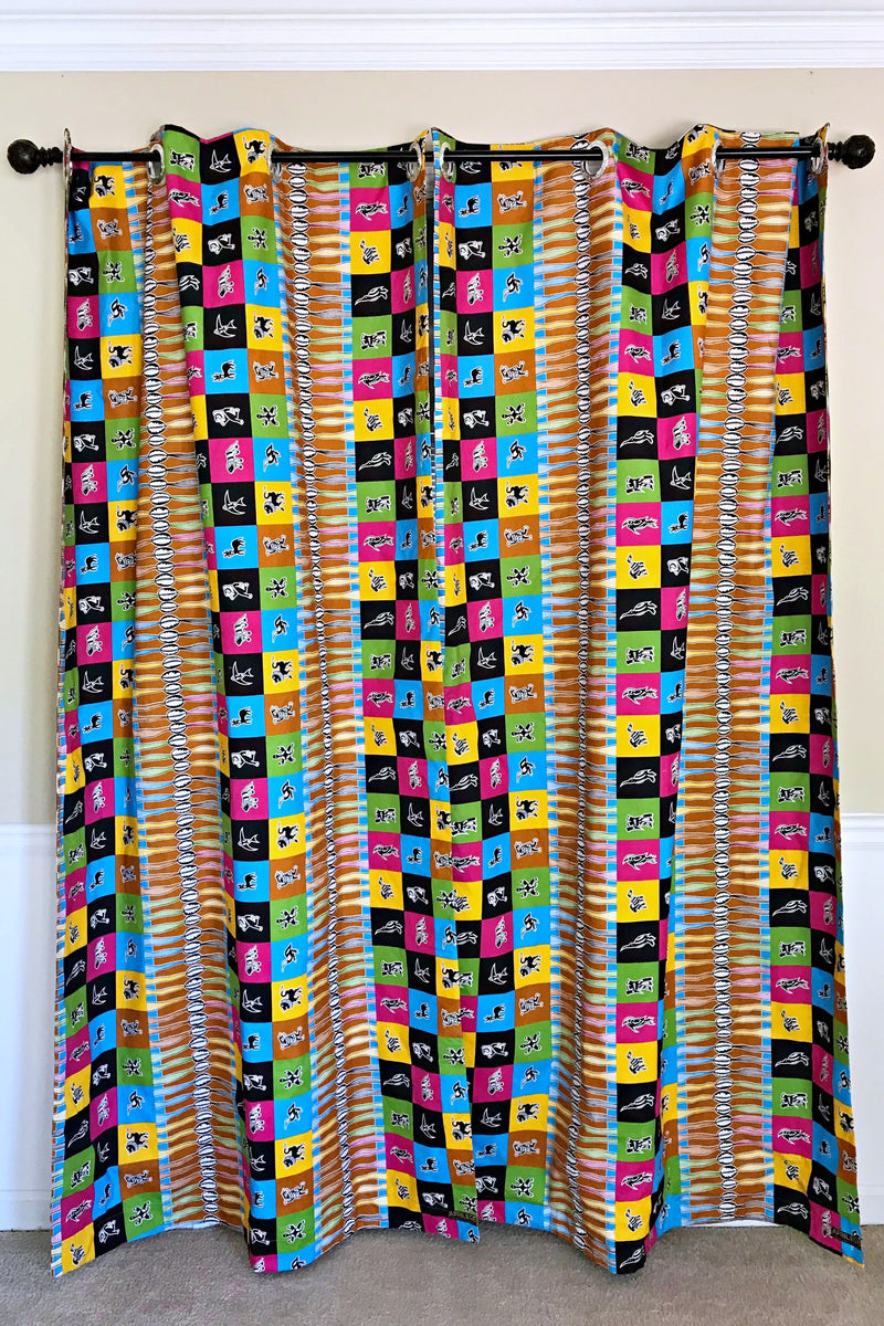 Lulu Double Sided Reversible Grommet Top African Print Curtains - Yellow/ Blue/ Red - Afrilege