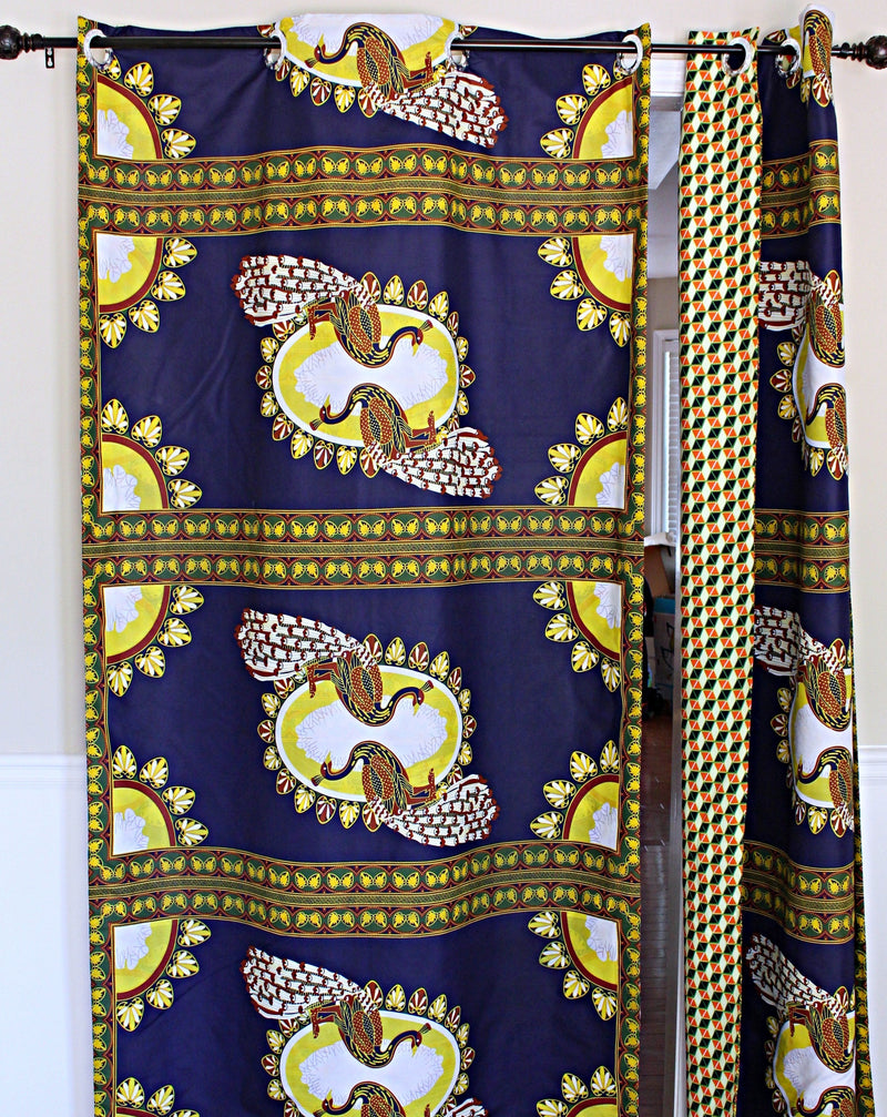 Morowa Double Sided Reversible Grommet Top African Print Curtains - Yellow/ Blue/ Red - Afrilege