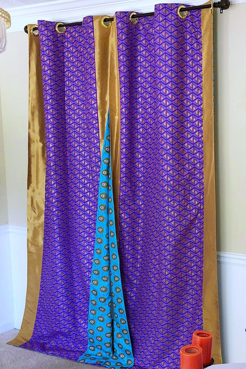 Nubia Grommet Top Reversible African Print Curtains - Green / Purple & Gold - Afrilege