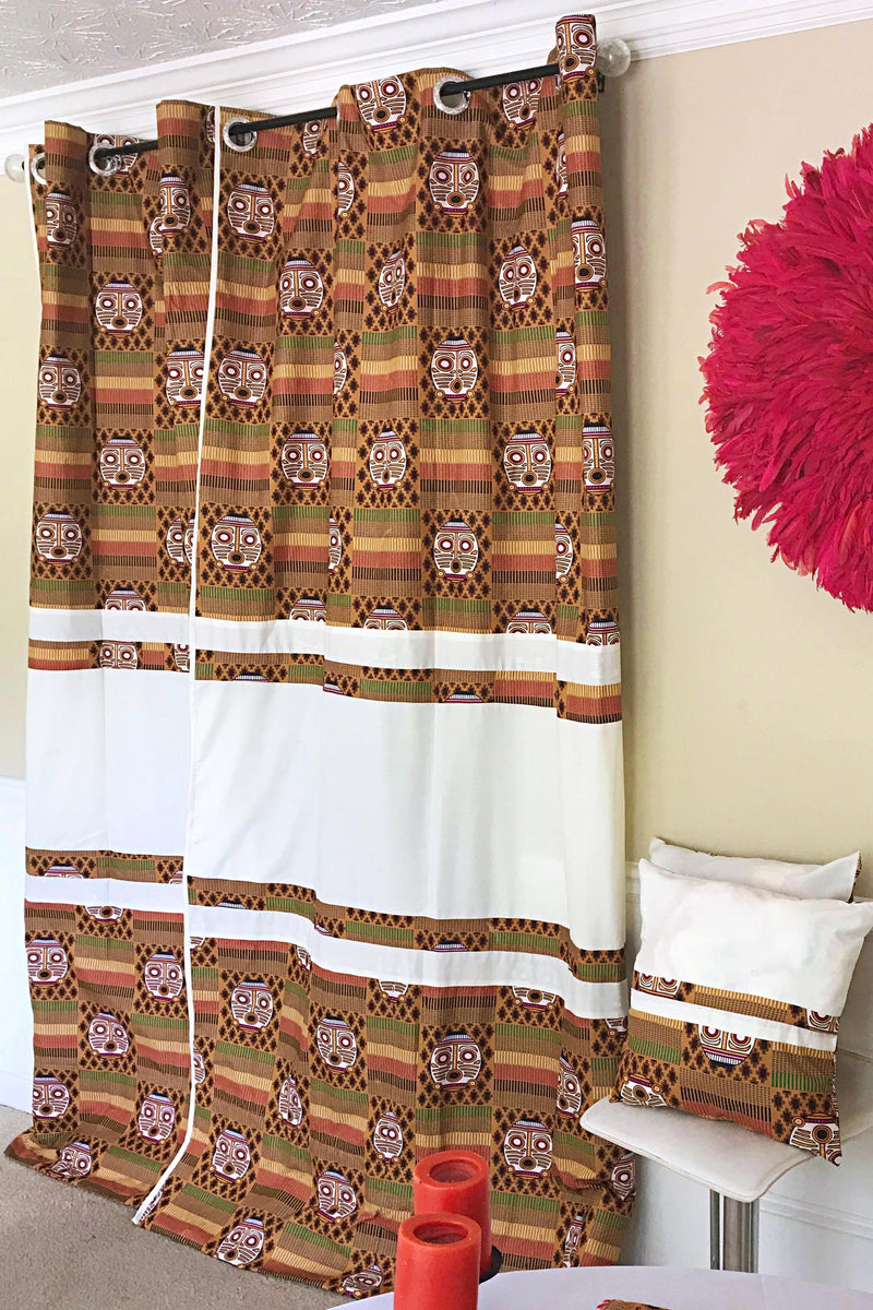 Salama Afritude African Print Grommet Top Curtains- Brown/ Off-white - Afrilege
