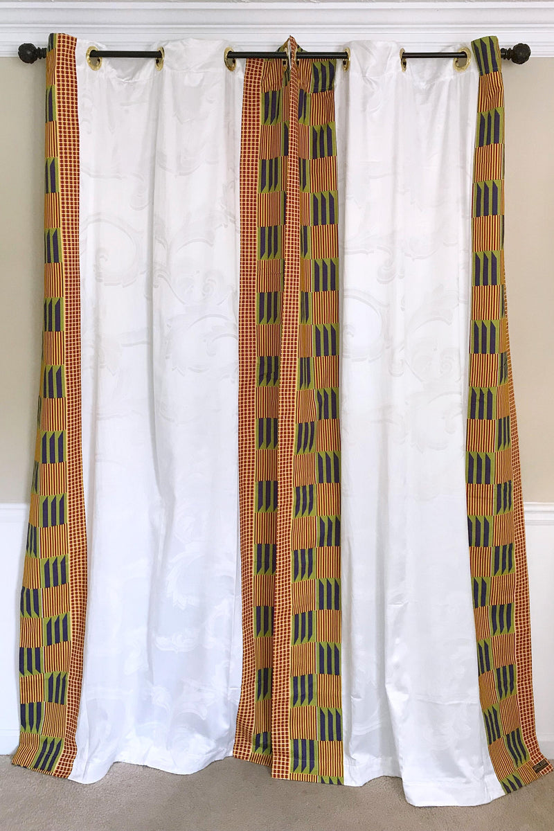 Sheena Grommet Top Kente African Print Curtains - Yellow / green / Purple & White - Afrilege