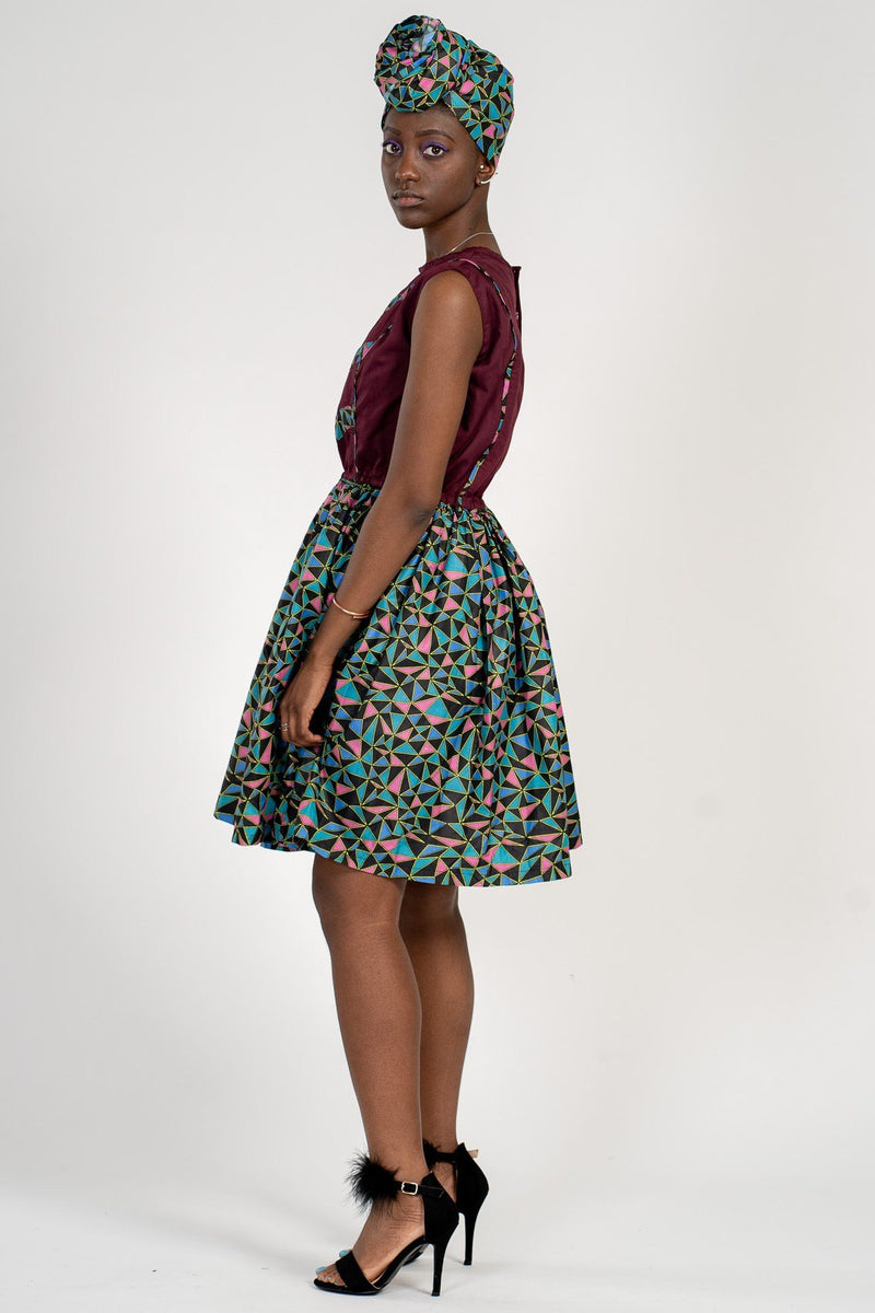 Abayomi African Print Midi Dress - Maroon/ Green - Afrilege