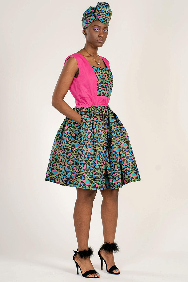 Abayomi African Print Midi Dress - Pink/ Green - Afrilege