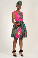Abayomi African Print Midi Dress - Pink/ Green - Afrilege