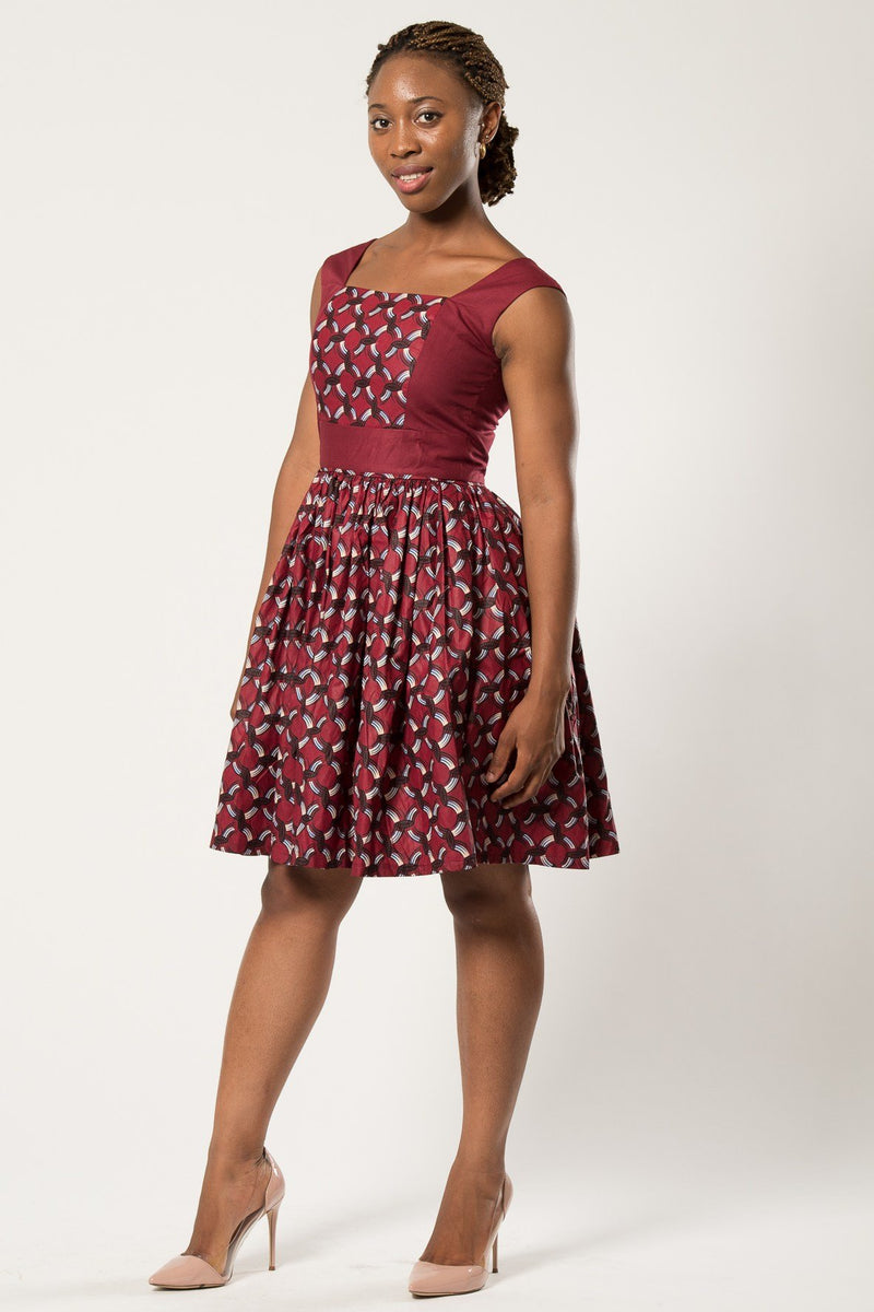 Adeola African Print Midi Dress - Bordeau - Afrilege