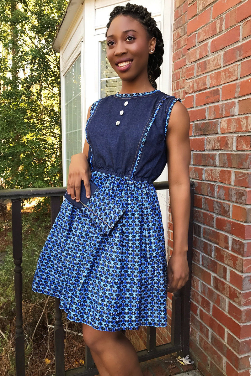 Afia African Print Denim Midi Dress - Blue Afrilege Afia African Print Denim Midi Dress - Blue Afrilege