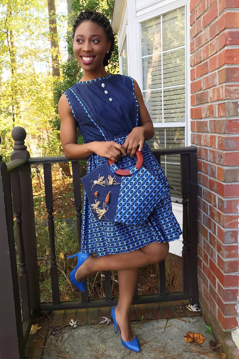 Afia African Print Denim Midi Dress - Blue, L