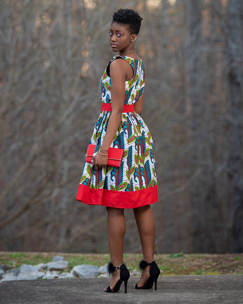 African Print Ayana Midi Dress ( white / Red) - Afrilege