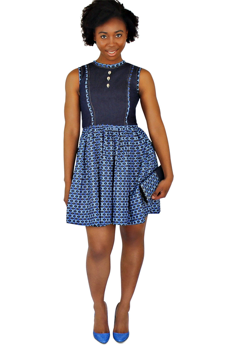 Afia African Print Denim Midi Dress - Blue - Afrilege