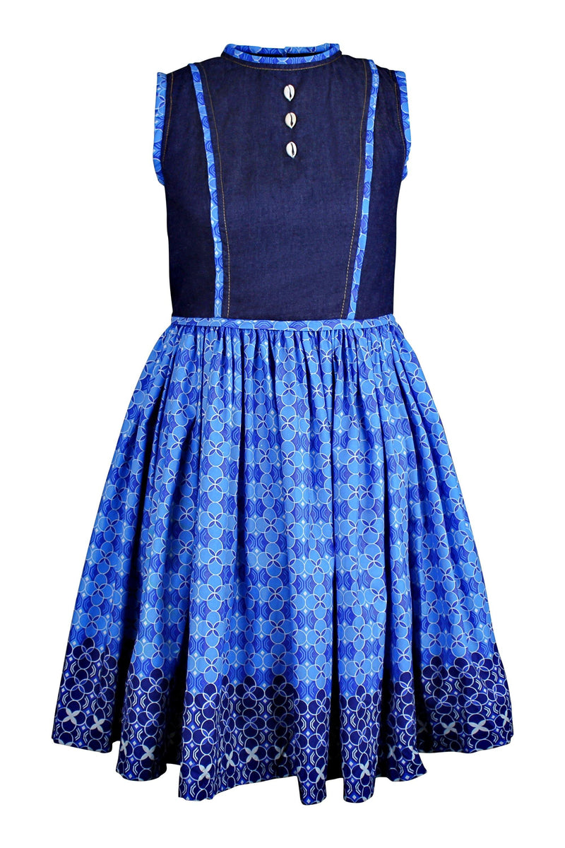 Afua African Print Denim Midi Dresses - Blue | Afrilege