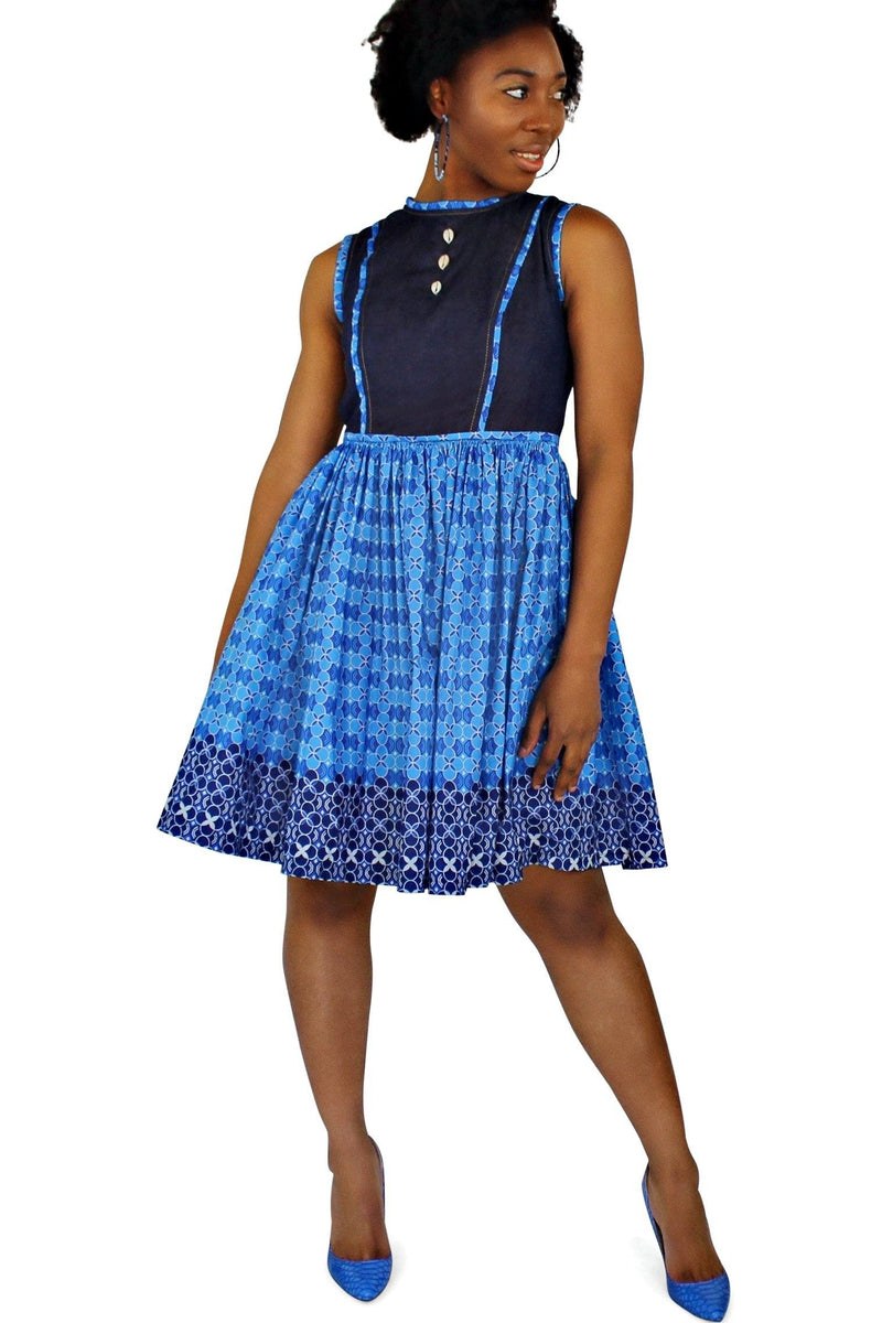 Afua African Print Denim Midi Dresses - Blue - Afrilege