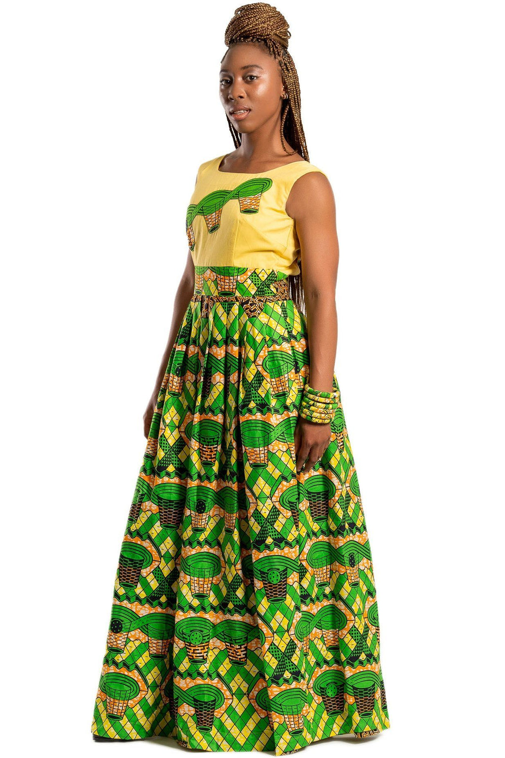 green african print dresses "AYO CALADIUM PINK-FLASH DRESS (STRETCHY AFRICAN PRINT IN PINK AND GREEN)