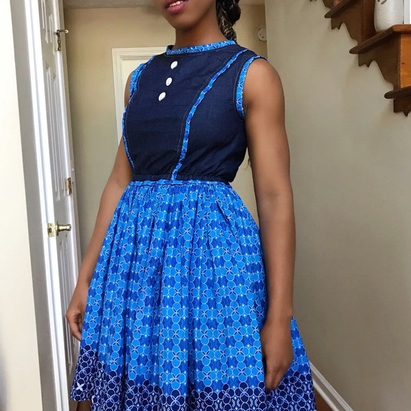 Afua African Print Denim Midi Dresses - Blue Afrilege Afua African Print Denim Midi Dresses - Blue Afrilege