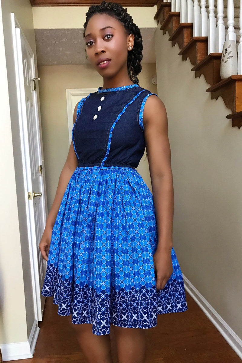 Afua African Print Denim Midi Dresses - Blue - Afrilege