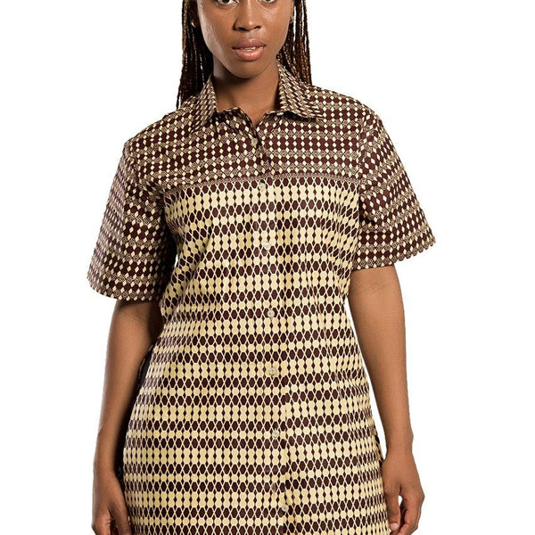 knee length dresses for ladies Aveye African Print Shirt Dress (Brown), S