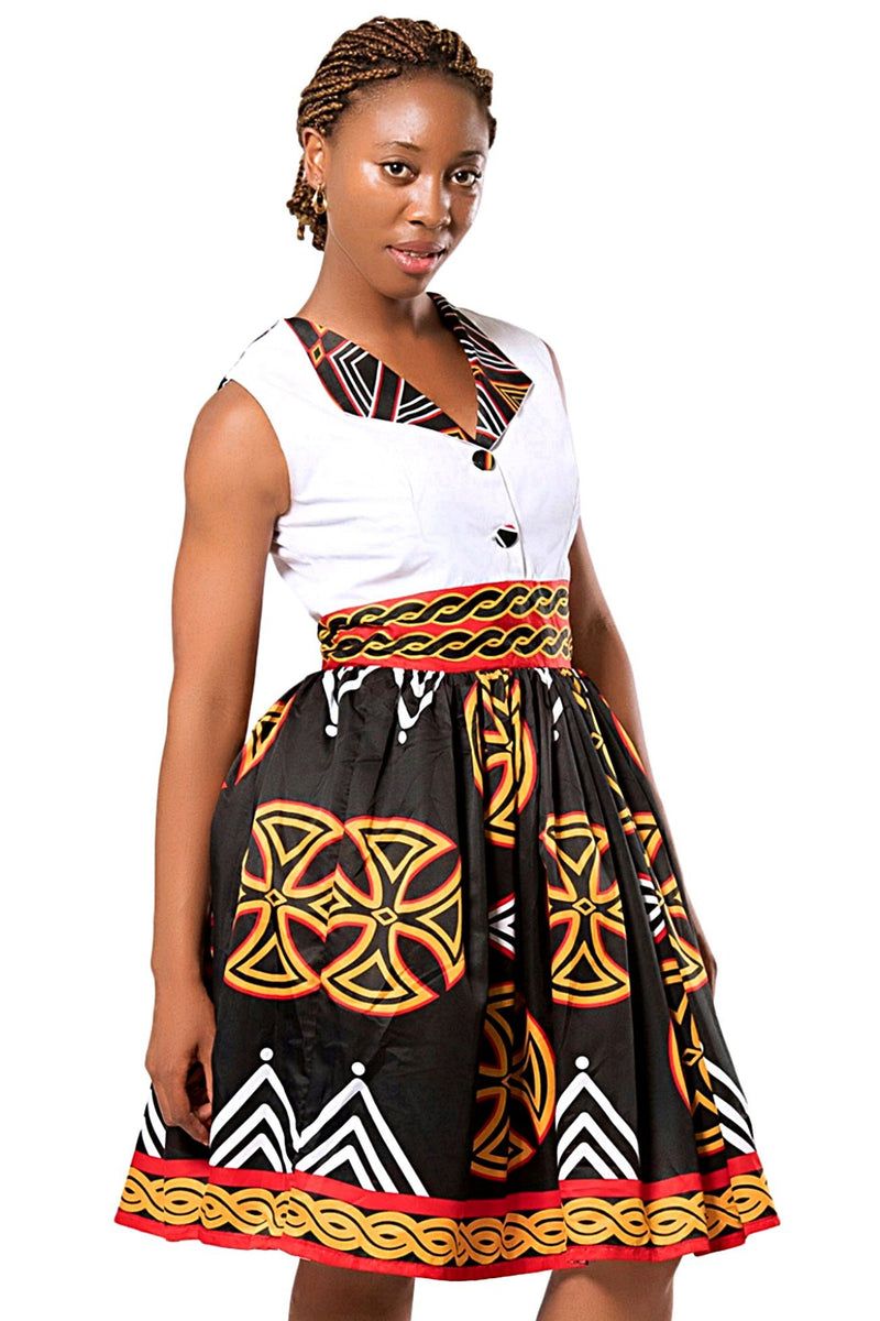 Bamenda Toghu African Print Midi Dress (Black/ White/ Red), S | Afrilege Bamenda Toghu African Print Midi Dress (Black/ White/ Red), S | Afrilege
