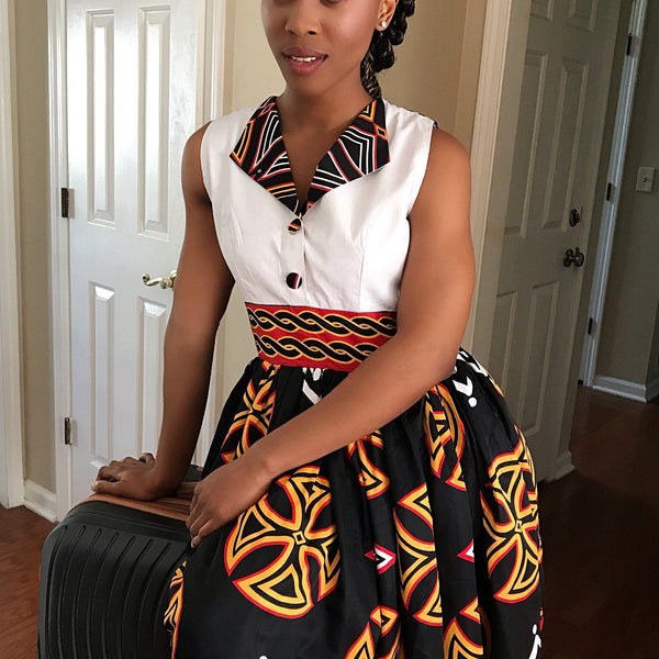 Bamenda Toghu African Print Midi Dress (Black/ White/ Red), XL Bamenda Toghu African Print Midi Dress (Black/ White/ Red), XL
