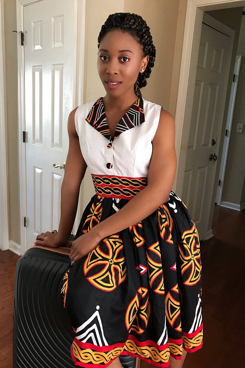 Bamenda Toghu African Print Midi Dress (Black/ White/ Red) - Afrilege