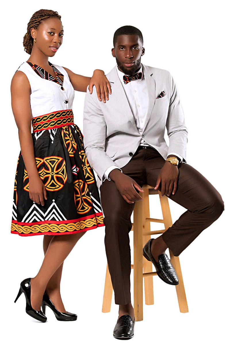 Bamenda Toghu African Print Midi Dress (Black/ White/ Red) - Afrilege