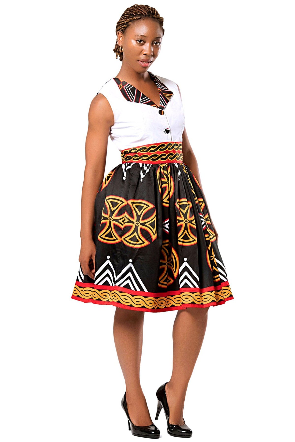 Bamenda Toghu African Print Midi Dress (Black/ White/ Red), S